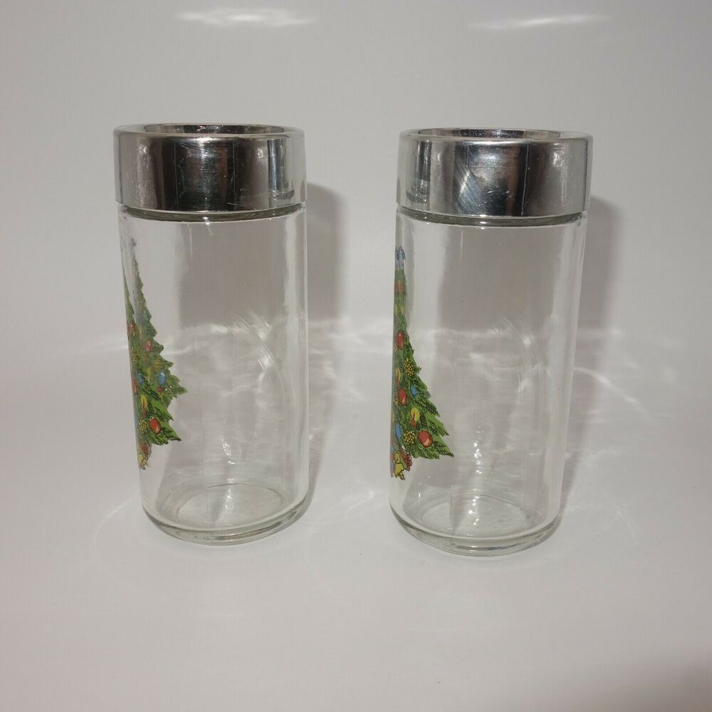 Vintage Salt and Pepper Shakers Holiday Clear Glass with Christmas Tree - Picture 2 of 7